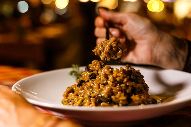 Mushroom risotto with Pinot Noir wine.
