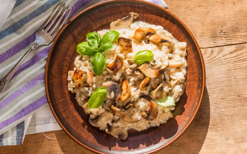 Mushroom risotto and wine.
